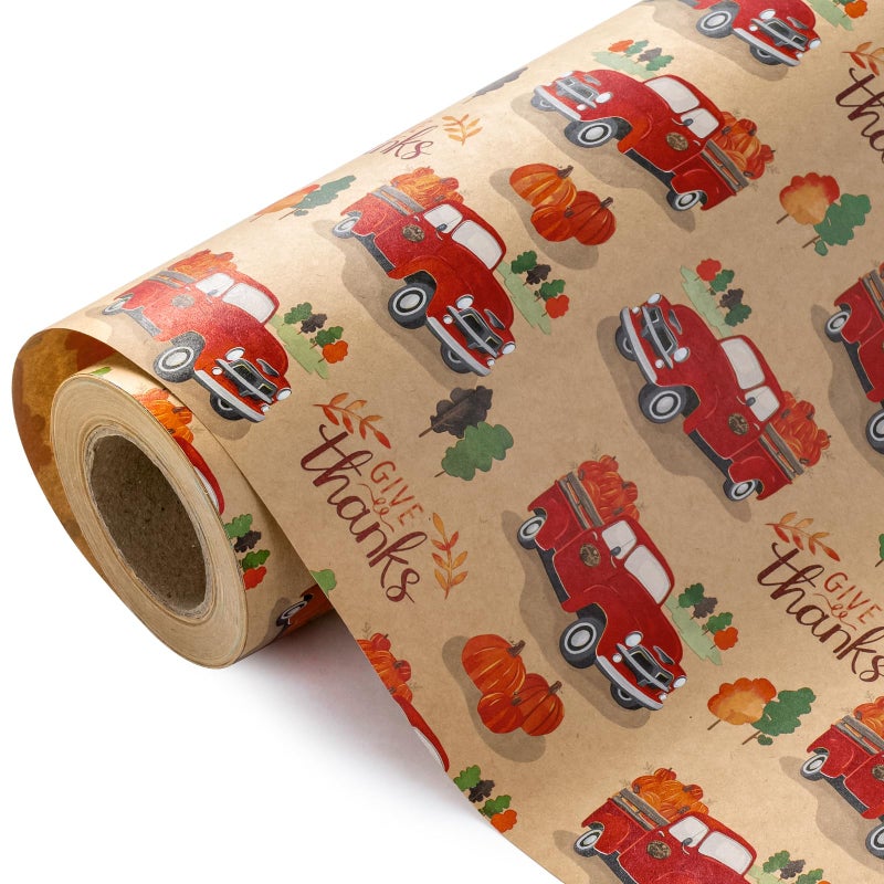 WRAPAHOLIC Kraft Thanksgiving Wrapping Paper Mini Roll 17 Inch x 165 Feet Give Thanks Lettering and Car Pumpkins Wrapping Paper Perfect for Thanksgiving Autumn Holiday - Image 3