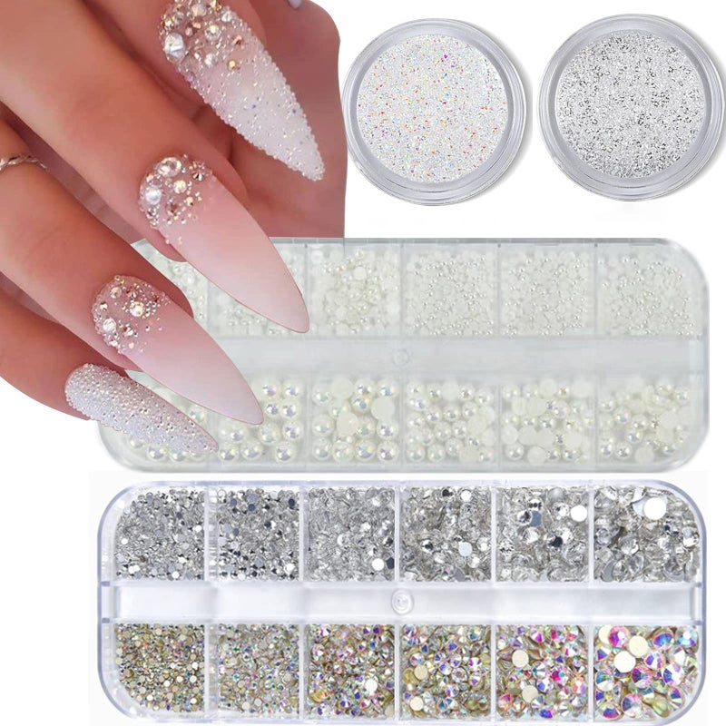VOTACOS 4 Boxes Flatback Rhinestones and Pearls Nail Charms for Acrylics - Crystals, Half Rounds, and Accessories for DIY Nail Art Decor - Image 1