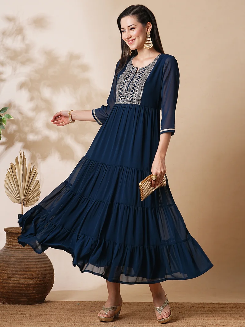 globus Women Floral Yoke Embroidered Sequinned Georgette Fit & Flare Tiered Midi Ethnic Dress