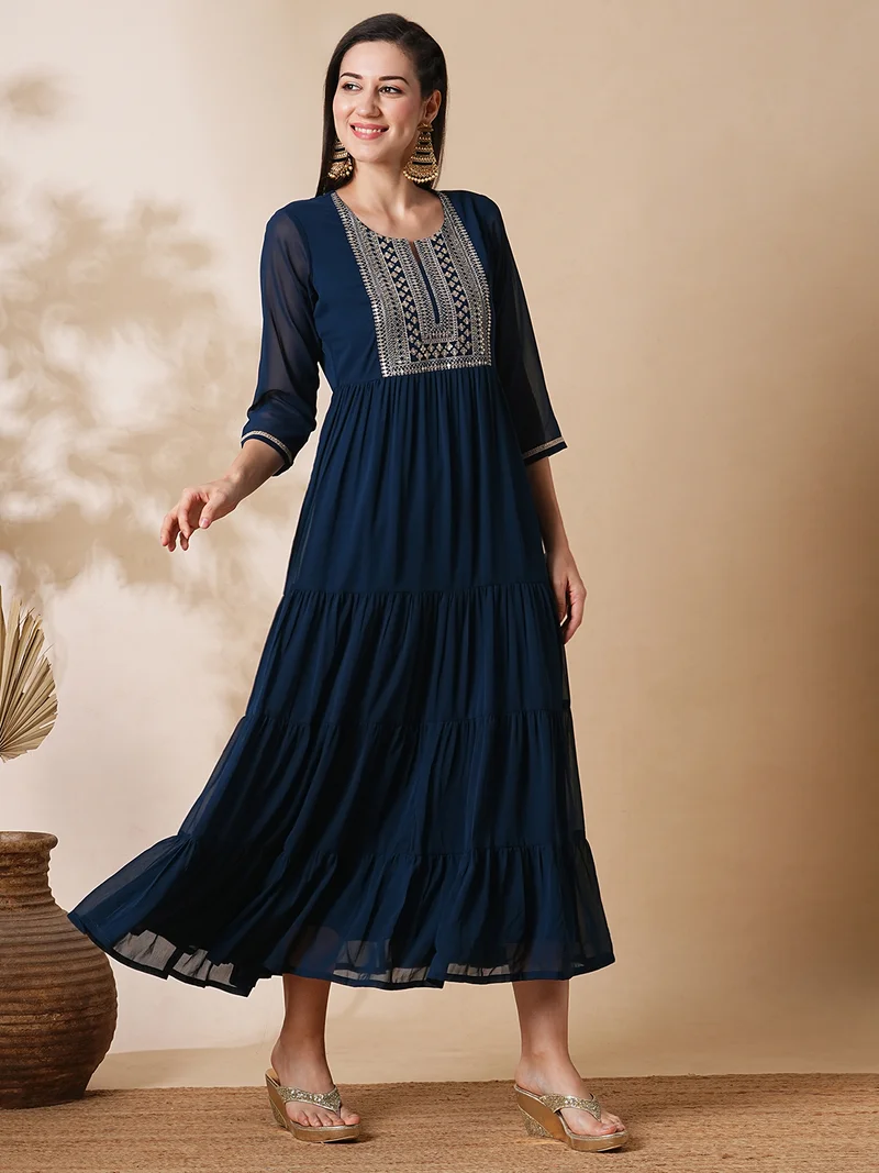 globus Women Floral Yoke Embroidered Sequinned Georgette Fit & Flare Tiered Midi Ethnic Dress