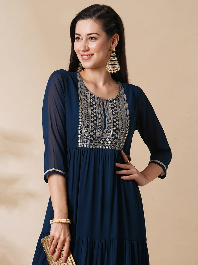globus Women Floral Yoke Embroidered Sequinned Georgette Fit & Flare Tiered Midi Ethnic Dress