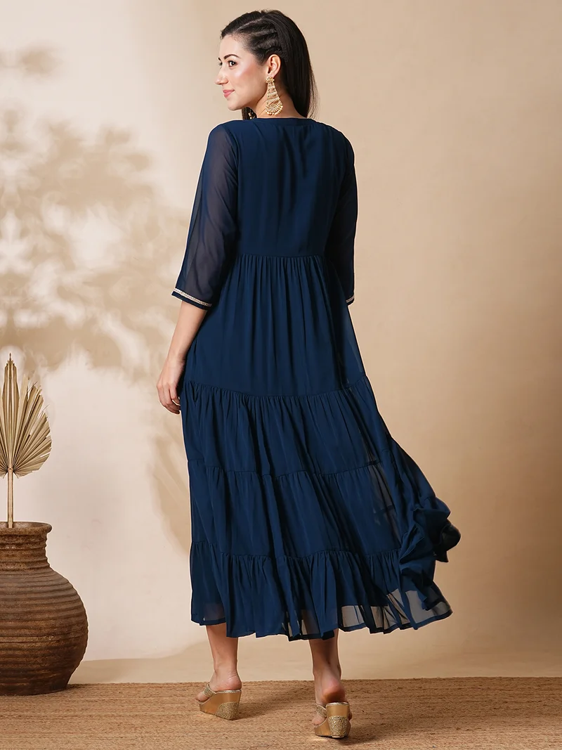 globus Women Floral Yoke Embroidered Sequinned Georgette Fit & Flare Tiered Midi Ethnic Dress