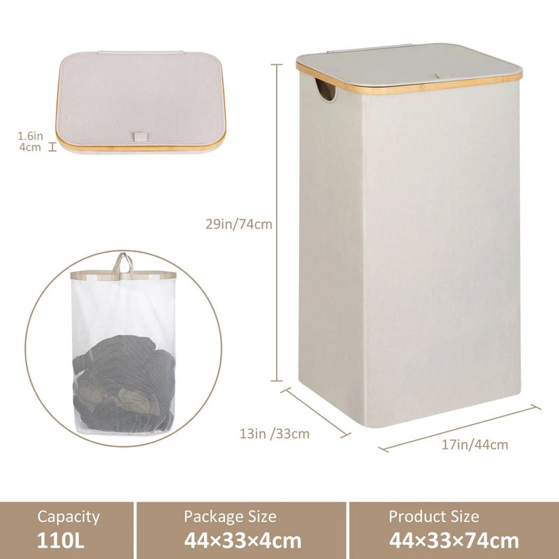 Y&D Slim Collapsible Double Laundry Hamper with Lid, Tall Dirty Clothes Basket Bin 100L/110L/140L for Laundry Organization - Image 4