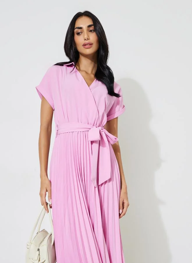 ستايلي Pink Solid Pleated Tie-Up Details Wrap Midi Dress