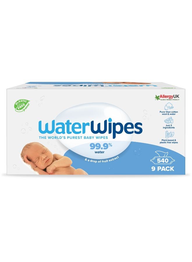 WaterWipes Original Plastic Free Baby Wipes, 540 Wet Wipes, 99.9% Water Based And Unscented For Sensitive Skin Pack of 9 - Image 1