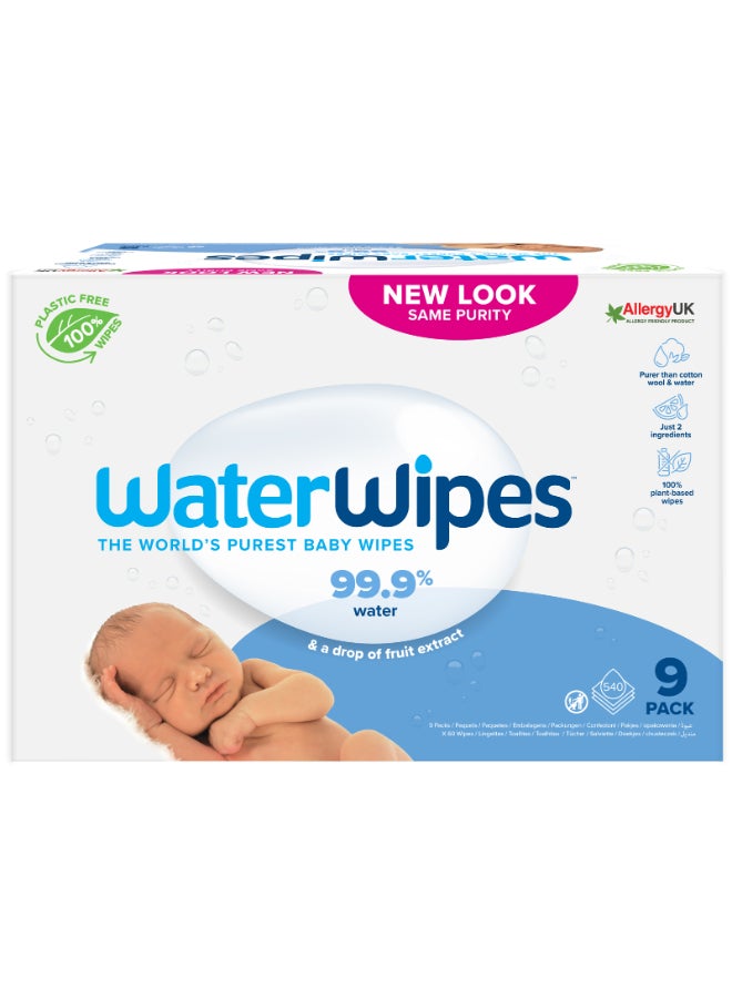 WaterWipes Original Plastic Free Baby Wipes, 540 Wet Wipes, 99.9% Water Based And Unscented For Sensitive Skin Pack of 9 - Image 2