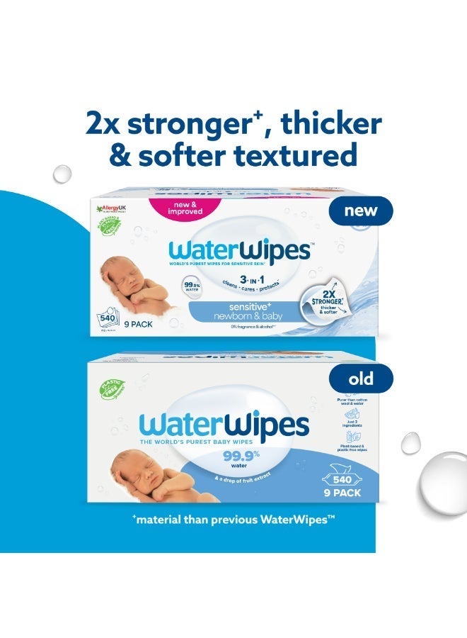 WaterWipes Sensitive+ Newborn & Baby Wipes, 540 Count (9 Packs), 3-In-1 Cleans, Cares, Protects, 99.9% Water, Unscented - Image 3