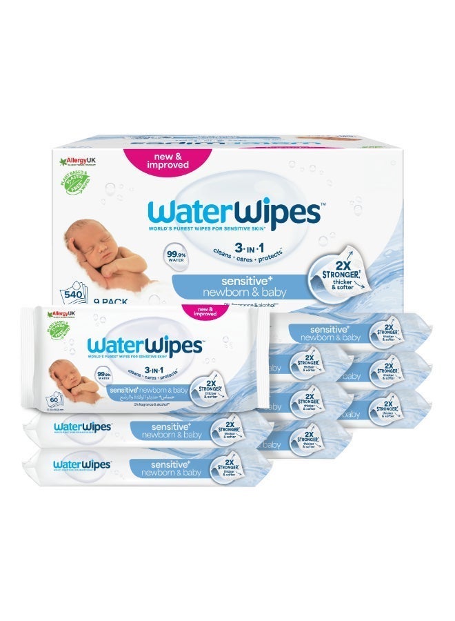WaterWipes Sensitive+ Newborn & Baby Wipes, 540 Count (9 Packs), 3-In-1 Cleans, Cares, Protects, 99.9% Water, Unscented - Image 1