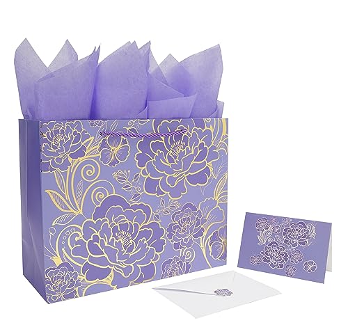 Qirrmiy 13" Large Rose Purple Gift Bag Set with Greeting Card and Tissue Paper for Women or Girls for Celebrating Birthdays, Valentine's Day, Weddings, Anniversaries, Mother's Day - Image 1