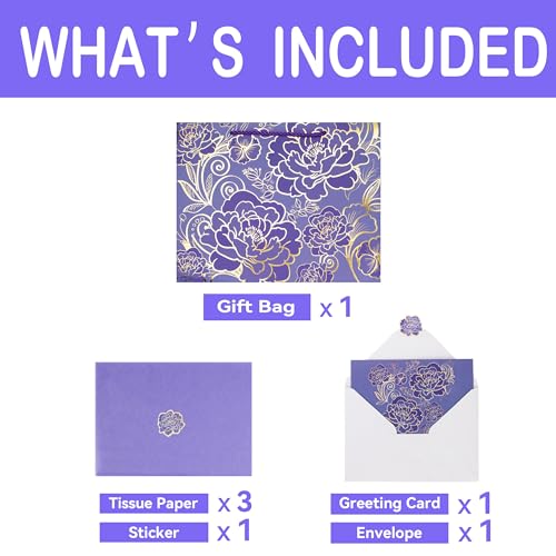 Qirrmiy 13" Large Rose Purple Gift Bag Set with Greeting Card and Tissue Paper for Women or Girls for Celebrating Birthdays, Valentine's Day, Weddings, Anniversaries, Mother's Day - Image 3