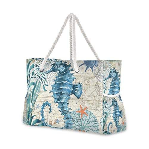 senya Large Beach Bags Totes Canvas Tote Shoulder Bag Soft Wave Water Resistant Bags for Gym Travel Daily Ocean (Ocean Seahorse Vintage) - Image 1