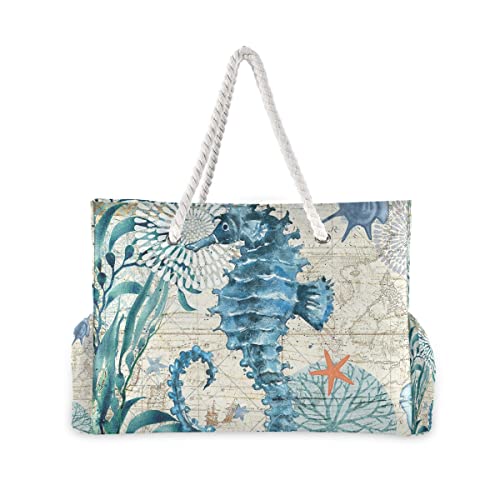senya Large Beach Bags Totes Canvas Tote Shoulder Bag Soft Wave Water Resistant Bags for Gym Travel Daily Ocean (Ocean Seahorse Vintage) - Image 2