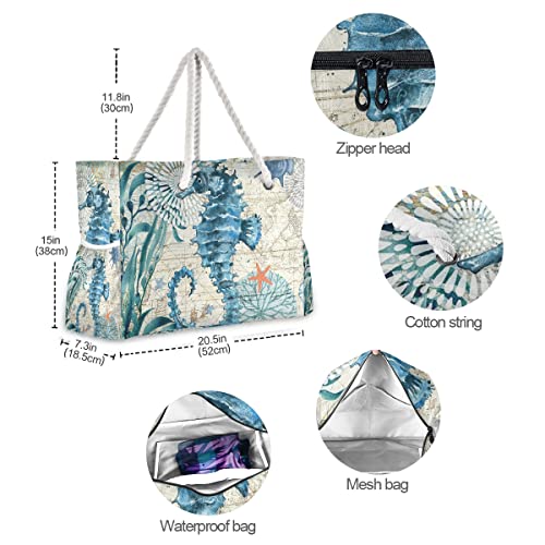 senya Large Beach Bags Totes Canvas Tote Shoulder Bag Soft Wave Water Resistant Bags for Gym Travel Daily Ocean (Ocean Seahorse Vintage) - Image 4