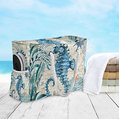 senya Large Beach Bags Totes Canvas Tote Shoulder Bag Soft Wave Water Resistant Bags for Gym Travel Daily Ocean (Ocean Seahorse Vintage) - Image 5