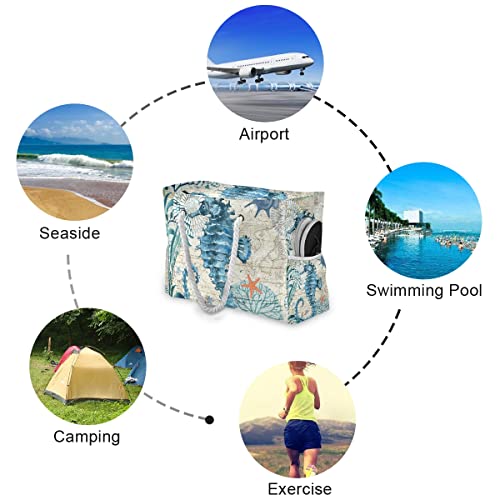 senya Large Beach Bags Totes Canvas Tote Shoulder Bag Soft Wave Water Resistant Bags for Gym Travel Daily Ocean (Ocean Seahorse Vintage) - Image 3