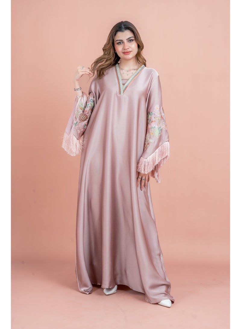 IKKXA Shimmer Detail Sleeves Embroidered Jalabiya IK1045 Pink - Image 1