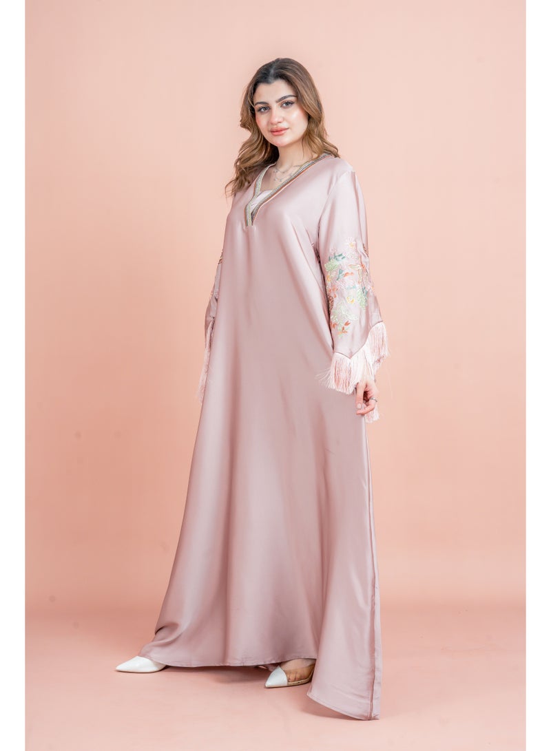 IKKXA Shimmer Detail Sleeves Embroidered Jalabiya IK1045 Pink - Image 3