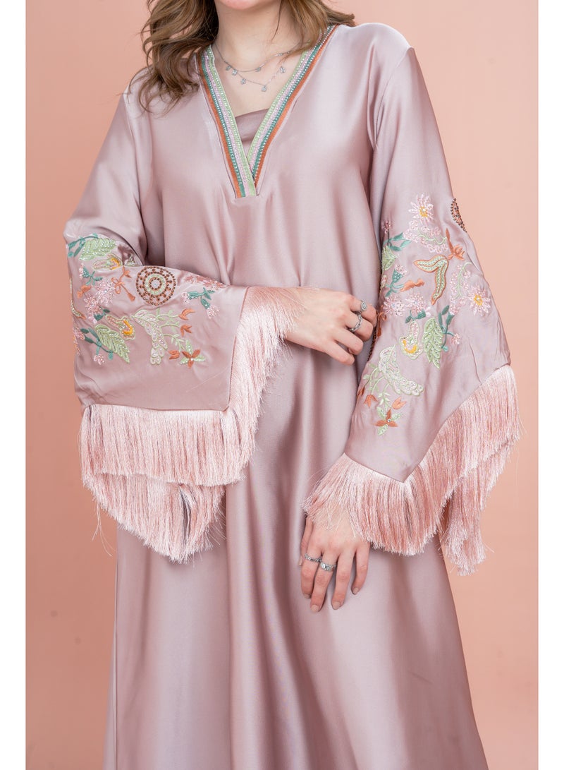 IKKXA Shimmer Detail Sleeves Embroidered Jalabiya IK1045 Pink - Image 2
