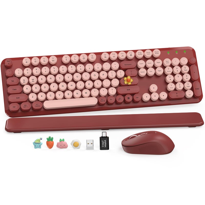 SABLUTE Wireless Keyboard and Mouse Combo, Wine Red Retro Typewriter Style Keyboard with Round Keycaps and Magnetic Wrist Rest, 2.4GHz Wireless for Mac, Windows PC, Laptop, Home Office, School, SABLUTE CK23 - Image 1