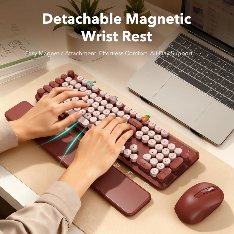 SABLUTE Wireless Keyboard and Mouse Combo, Wine Red Retro Typewriter Style Keyboard with Round Keycaps and Magnetic Wrist Rest, 2.4GHz Wireless for Mac, Windows PC, Laptop, Home Office, School, SABLUTE CK23 - Image 2