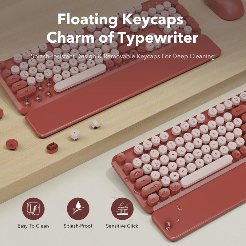 SABLUTE Wireless Keyboard and Mouse Combo, Wine Red Retro Typewriter Style Keyboard with Round Keycaps and Magnetic Wrist Rest, 2.4GHz Wireless for Mac, Windows PC, Laptop, Home Office, School, SABLUTE CK23 - Image 4