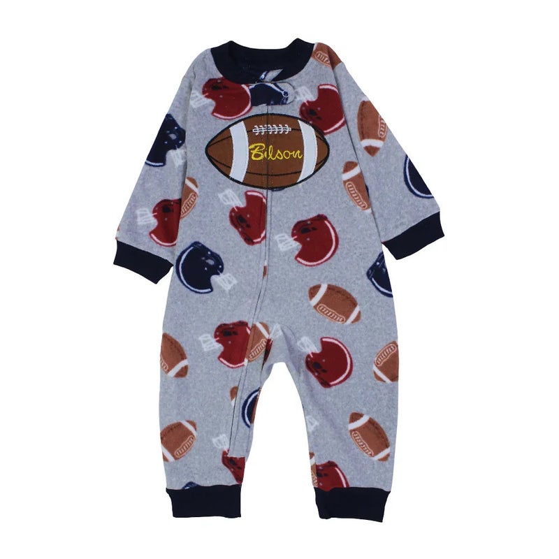 Cherries Baby Boys Cotton Footless Onesie – Grey with American Football Design - Image 1