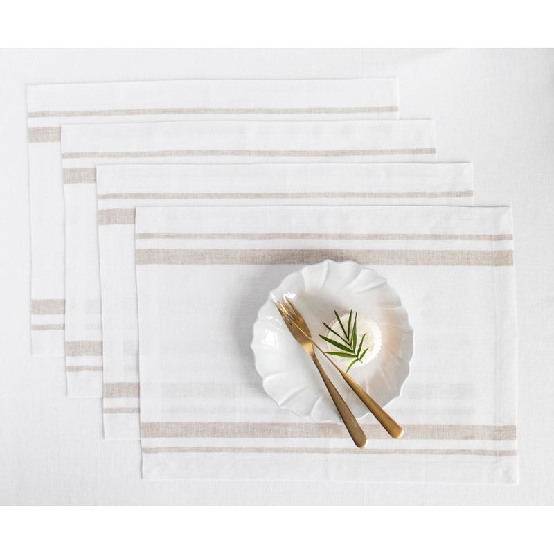 Solino Home Solino Home Stripe Linen Placemats 19"" L x 14"" W - 100% Pure Linen Natural and White Cloth Placemats Set of 4 - French Stripe  Washable Fabric Place Mats for Spring  Easter  - Image 1