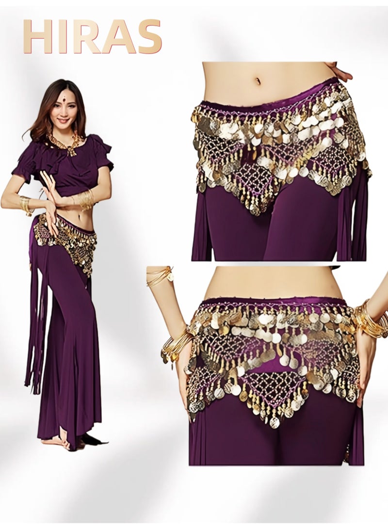 Hiras Belly Dance Hip Scarf with Gold Coins | Adjustable Waist Chain Belt for Women | Metal Coin & Bead Trim | Purple - Image 1