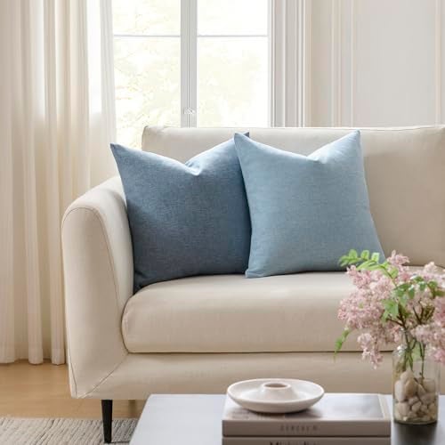 Meekio Set of 2 Light Blue Pillow Covers 18 x 18 Inch Farmhouse Boho Decorative Throw Pillow Covers Linen Cushion Covers for Sofa Couch Décor - Image 2