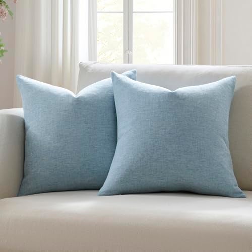 Meekio Set of 2 Light Blue Pillow Covers 18 x 18 Inch Farmhouse Boho Decorative Throw Pillow Covers Linen Cushion Covers for Sofa Couch Décor - Image 1