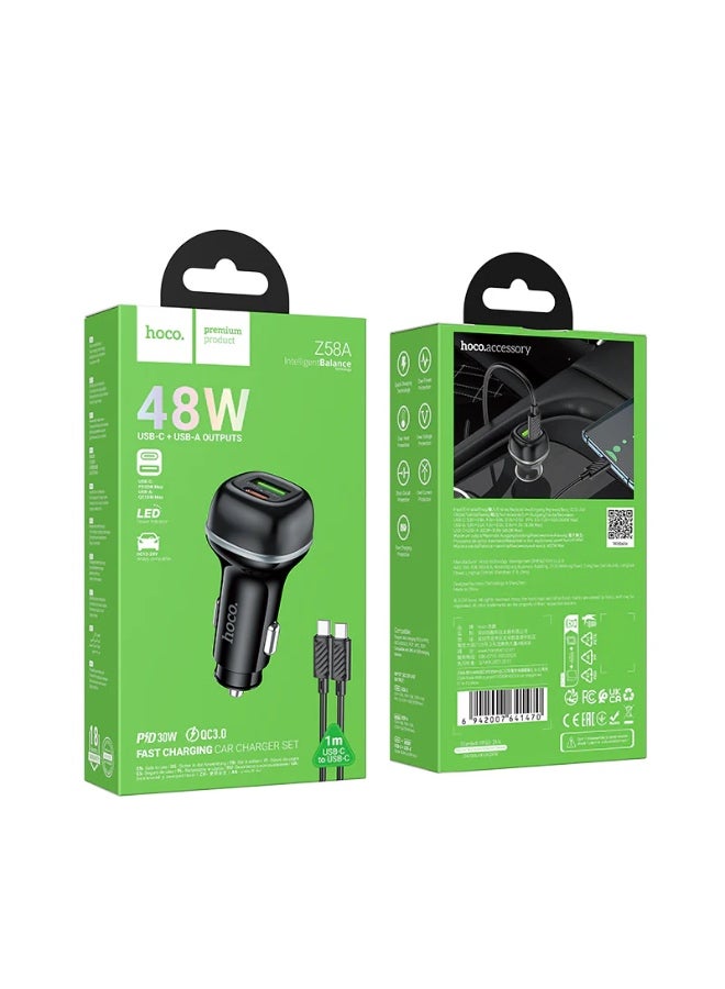 Hoco CAR CHARGER 48W USB-C PD 30W + USB QC3.0 WITH TYPE-C TO TYPE-C CABLE - BLACK - Image 3