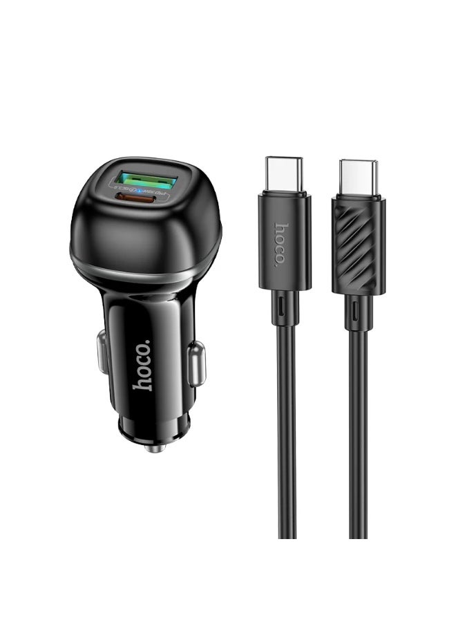 Hoco CAR CHARGER 48W USB-C PD 30W + USB QC3.0 WITH TYPE-C TO TYPE-C CABLE - BLACK - Image 1