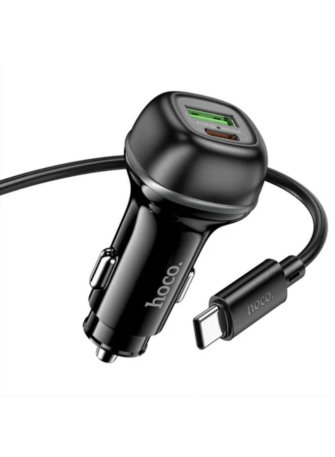 Hoco CAR CHARGER 48W USB-C PD 30W + USB QC3.0 WITH TYPE-C TO TYPE-C CABLE - BLACK - Image 2