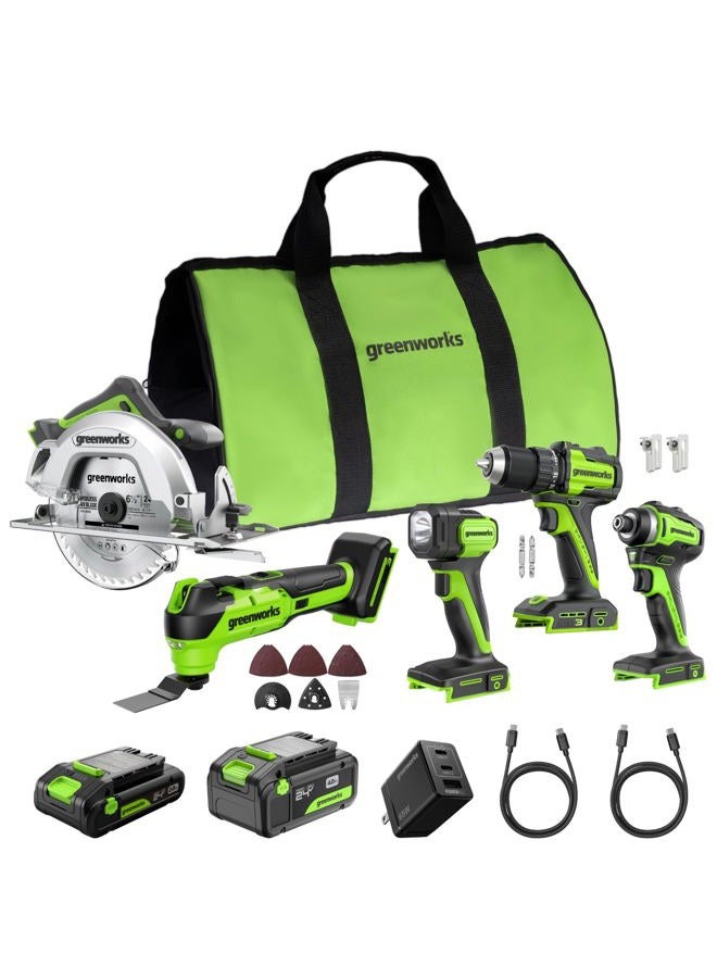 Greenworks 24V Brushless Power Tools Combination 5pcs Drill/Driver + Impact Driver + 6.5" Circular Saw + Flashlight 200LM 4.0AH + - Image 1