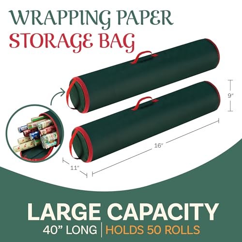 Elf Stor Set of 2 Wrapping Paper Storage Bags - Zippered Canvas Totes with Sturdy Nylon Handles - Fits Up to 40-Inch Rolls of Gift Wrap by Elf Stor (Green) - Image 2