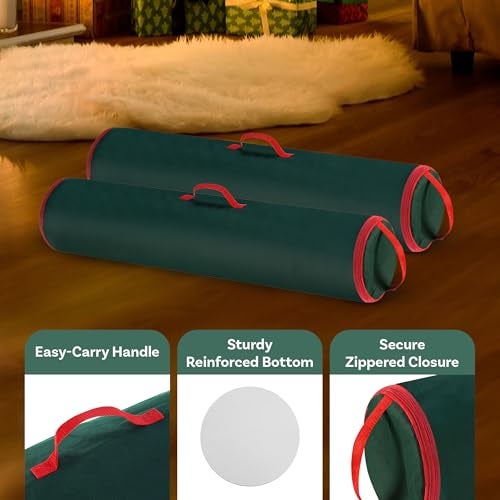 Elf Stor Set of 2 Wrapping Paper Storage Bags - Zippered Canvas Totes with Sturdy Nylon Handles - Fits Up to 40-Inch Rolls of Gift Wrap by Elf Stor (Green) - Image 3