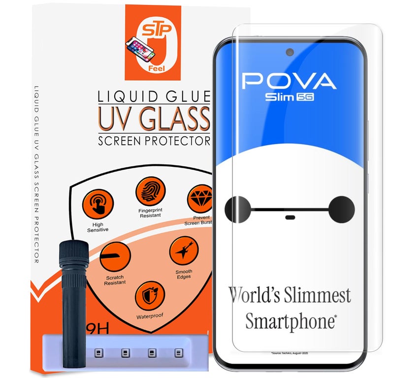 STP FEEL® HD+ UV Tempered Glass Screen Protector Guard Compatible For Tecno Pova Slim 5G (6.78 Inch, Pack of 1) Full Adhesive UV Curved Case Friendly HD Clarity with easy installation kit - Image 1