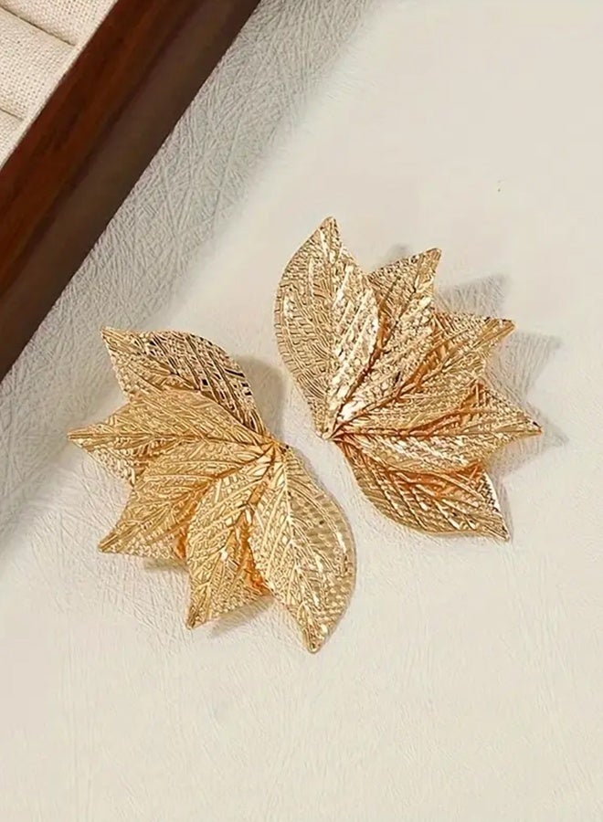 Ready For Chai Pair of Elegant Golden-Tone Fan-Shaped Leaf Stud Earrings for Women - Simple Yet Chic Alloy Design, Ideal for Daily Wear, Novelty Earrings - Image 3