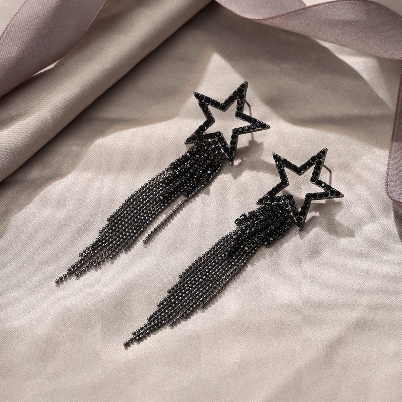 EVER FAITH Star Tassel Earrings for Women, Rhinestone Crystal Long Waterfall Beaded Fringe Chandelier Dangle Drop Statement Earring Costume Jewelry Black Black-Tone - Image 5