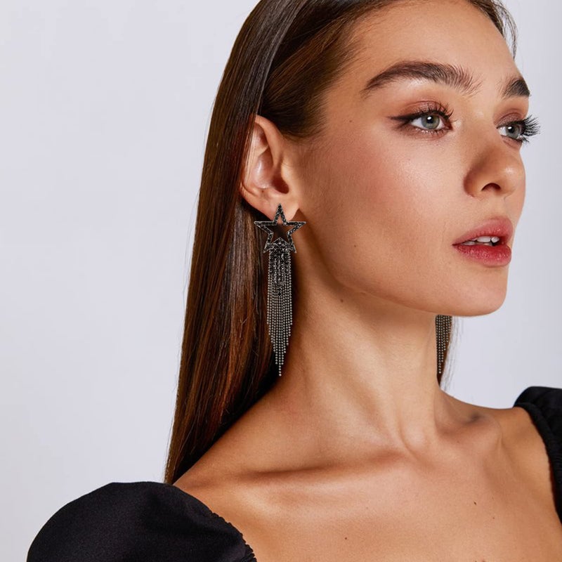 EVER FAITH Star Tassel Earrings for Women, Rhinestone Crystal Long Waterfall Beaded Fringe Chandelier Dangle Drop Statement Earring Costume Jewelry Black Black-Tone - Image 2