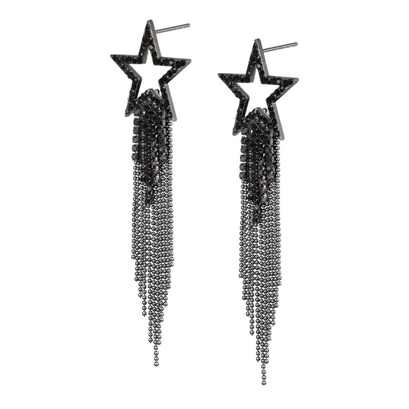 EVER FAITH Star Tassel Earrings for Women, Rhinestone Crystal Long Waterfall Beaded Fringe Chandelier Dangle Drop Statement Earring Costume Jewelry Black Black-Tone - Image 1