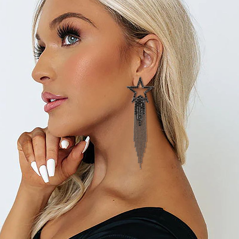 EVER FAITH Star Tassel Earrings for Women, Rhinestone Crystal Long Waterfall Beaded Fringe Chandelier Dangle Drop Statement Earring Costume Jewelry Black Black-Tone - Image 4