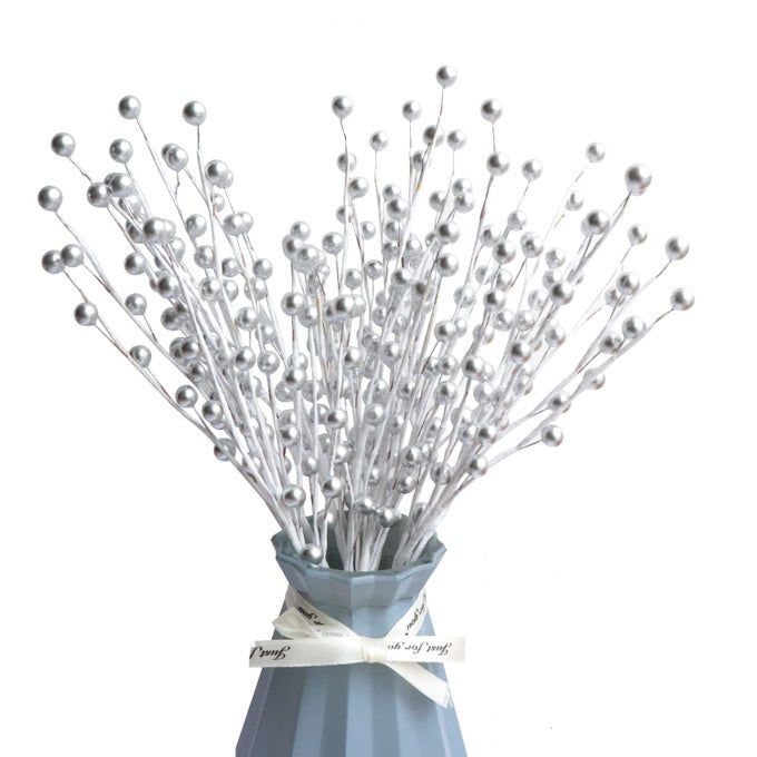 10 PACK HOLLY BERRY STEM PICKS 144 DECORATIVE WIRE BERRIES TWIG STEM ARTIFICIAL SPRAYS FOR CHRISTMAS TREE BRANCHES FILLERS DECORATION HOLIDAY DCOR WREATH GARLAND HOME DIY CRAFTS 10 SILVER