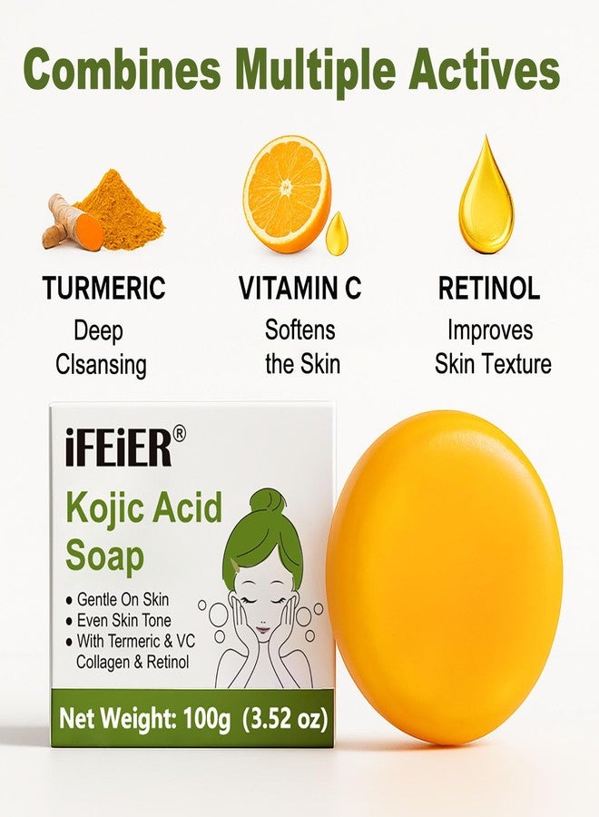 iFEiER Kojic Acid Soap Bars 200g(7.04 oz) 2PACK | Vitamin C soap, Vitamin E, Retinol, Collagen soap, Turmeric bath Soap Bars pads with foaming net for Men and Women body wash, Face & Body Cleanser - Image 3