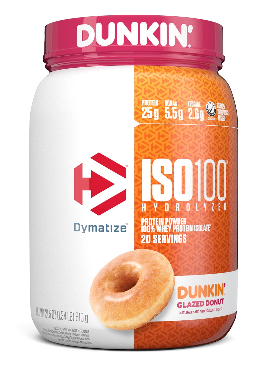 Dymatize x Dunkin' Glazed Donut ISO100 Whey Protein Powder, 25g of Protein, 20 Servings, 5.5g BCAAs, 120 Cal., Gluten Free, 1g Fat, 1g Sugar, 2g Carb