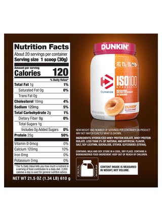 x Dunkin' ISO100 Hydrolyzed Protein Powder, 100% Whey Isolate, 25g Protein, 5.5g BCAAs, Gluten Free, Glazed Donut, 610g, 20 Servings - view 2