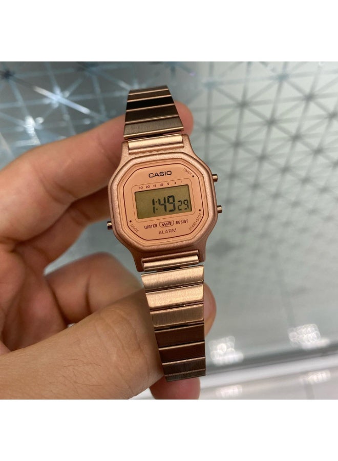 كاسيو ساعة كاسيو LA‑11WR‑5ADF رقمية كلاسيكية، سوار من الفولاذ المقاوم للصدأ بلون وردي ذهبي، ساعة إيقاف بدقة 1/10 ثانية - Image 5