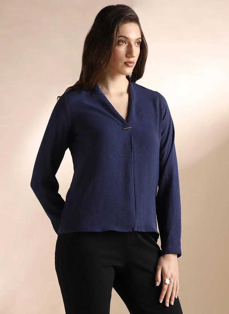 globus Globus Women Navy Blue V-Neck Cuffed Sleeves Self Design Workwear Top