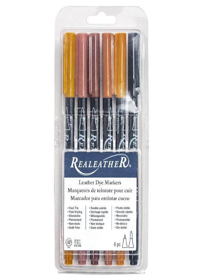 Realeather - Realeather F2400-01 Dual Tip Leather Dye Marker Pens (6 Pack), Earth Tones - Image 1
