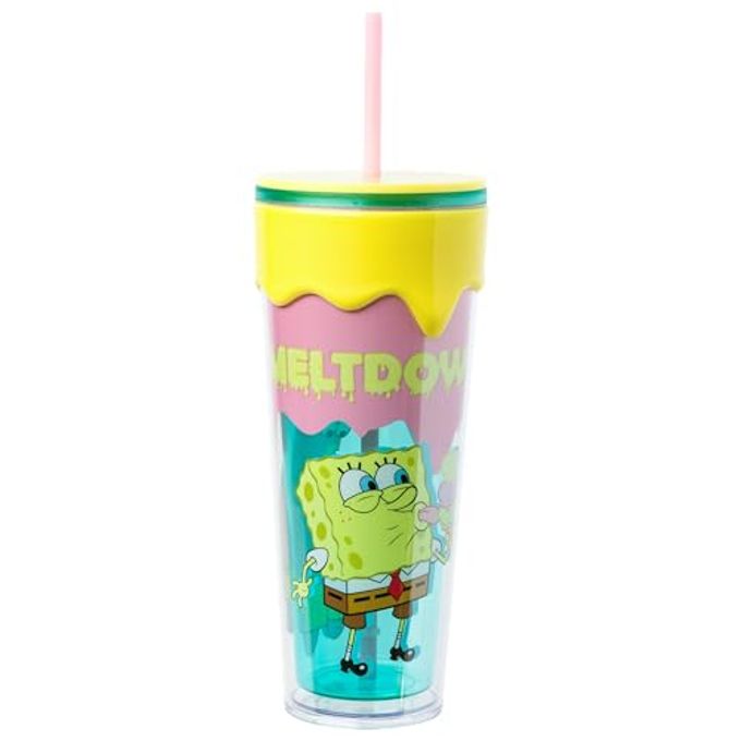 Silver Buffalo SpongeBob SquarePants â€œMeltdownâ€ Plastic Drip Tumbler with Lid and Straw Featuring SpongeBob SquarePants and Patrick Star, 26 Ounces